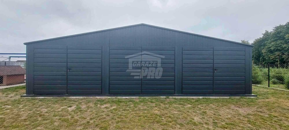 Garaż blaszany 10x6m - 3x Brama - Rynny Dach dwuspadowy GP601