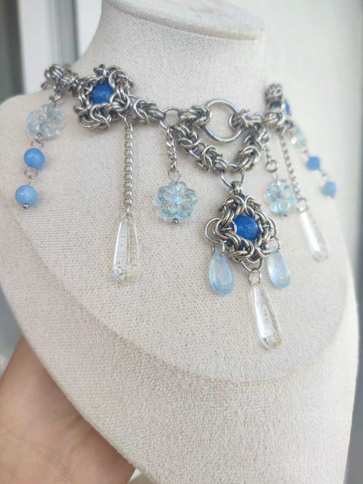 Choker naszyjnik handmade z akwamarynem szkłem Stal chirurgiczna