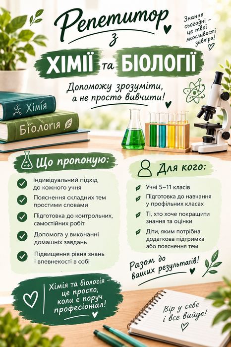 Репетитор з Хімії та Біології. Всі класи.