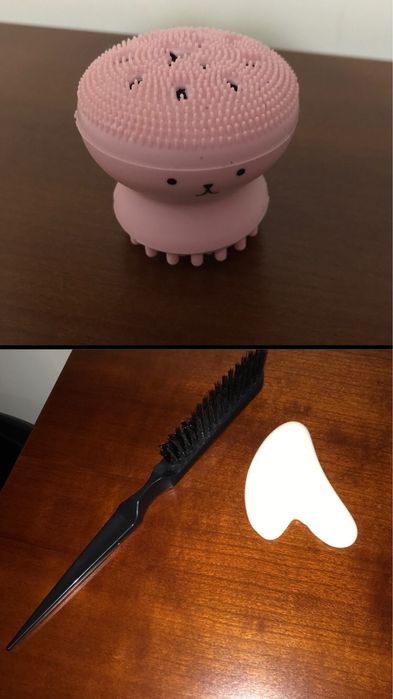 Kit de beleza e cuidados: escova facial, escova de baby hairs, gua sha