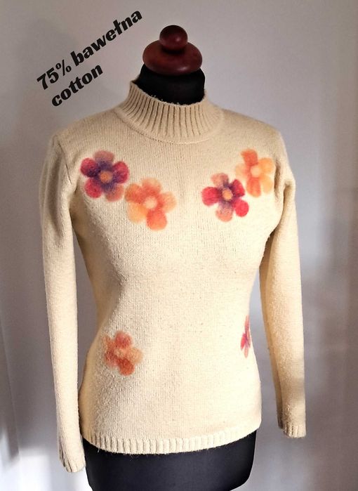 Bawełniany kremowy sweter flokowane kwiaty vintage fairy cotton S/M