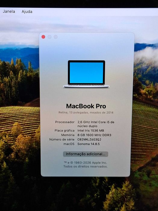 MacBook Pro Ecrã Retina 13,3" Intel Core i5 a 2,6Ghz | macOS Sonoma 14.8.5 | 8 Gig RAM DDR 4 | Rigosomente NOVO