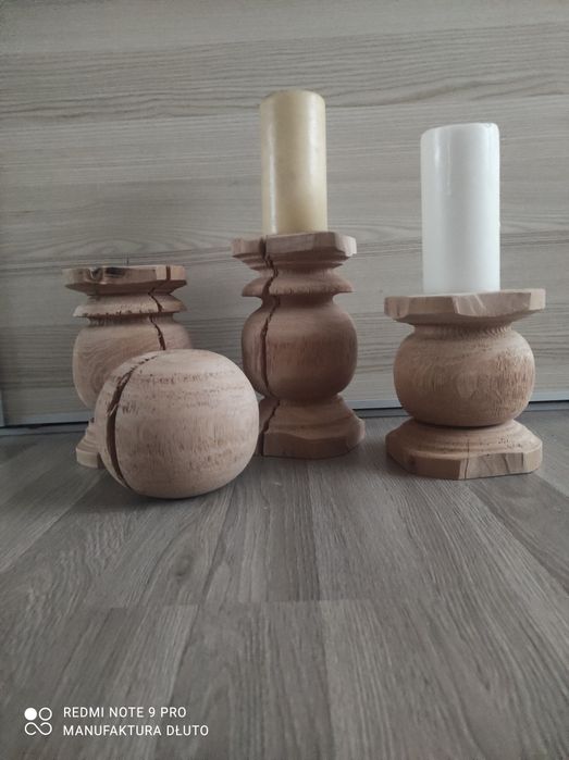 Świeczniki drewniane toczone vintage rękodzieło