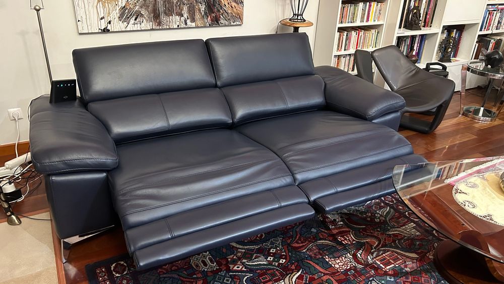 Sofá de relaxamento de 3 lugares, couro azul marinho