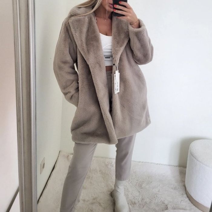 zara płaszcz sztuczne futerko szare szary camel piaskowy s m