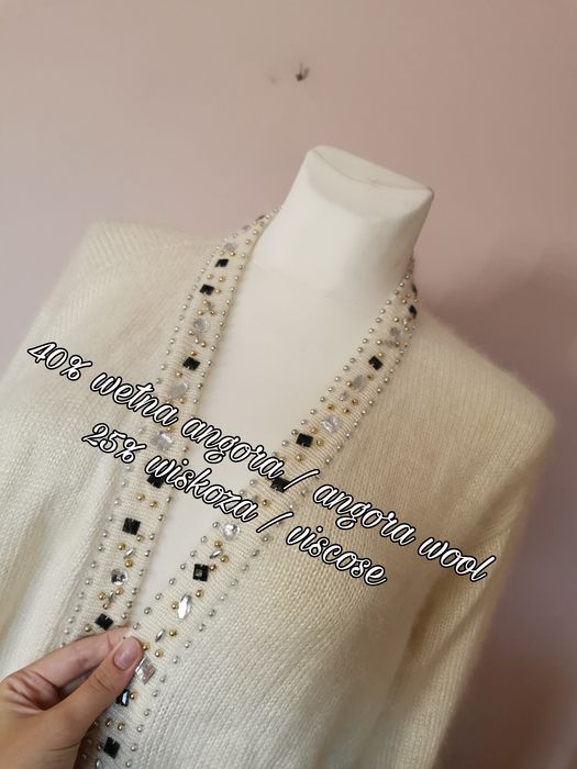 Sweter kardigan wełniany wełna angora kremowy beżowy kryształki L 40