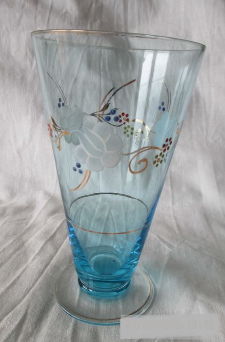 Copo Antigo em Vidro Azul pintado à mão