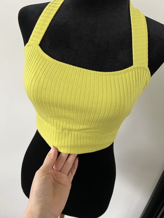 Żółta, krótka bluzka, crop top, biustonosz, stanik, prążki, Etam, L