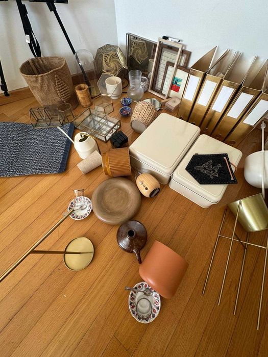Lote decoração completo — cestos, vasos, caixas vidro, tapete