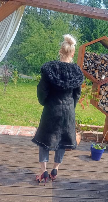 Kożuch naturalny kożuszek prawdziwy kaptur maxi złoty
