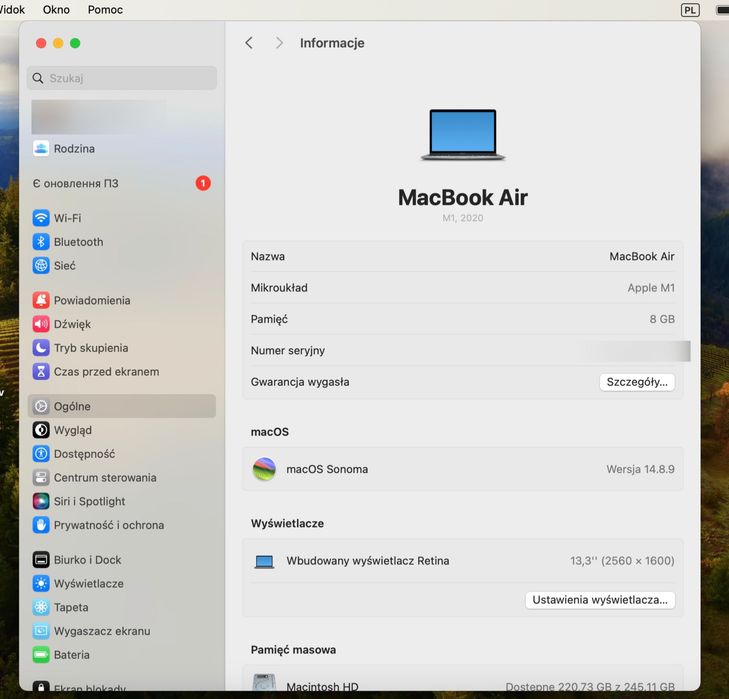 MacBook Air M1 2020, 8/256/88% batarii
