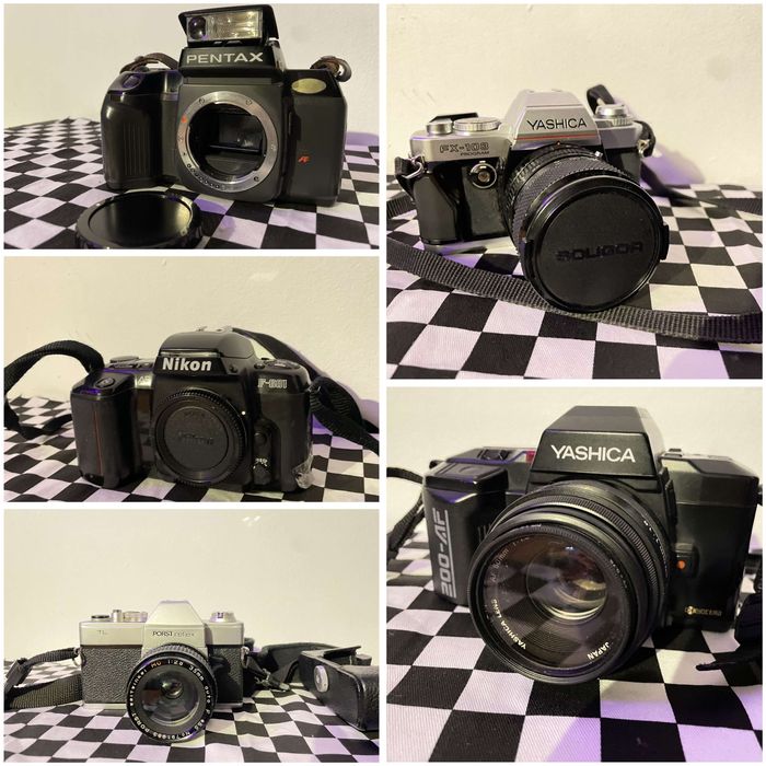 Zestaw aparatów analogowych + obiektywy – vintage / kolekcjonerskie