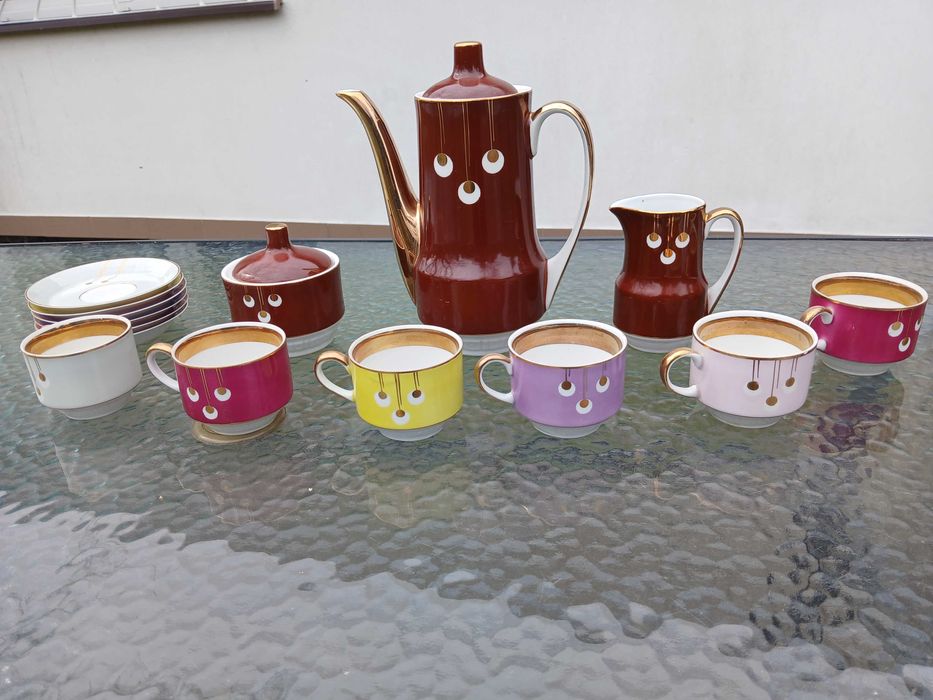 Serwis kawowy Ćmielów, Ada, pawie oczka, Potacki, stara porcelana, syg