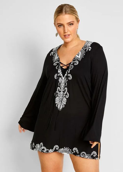 B.P.C tunika plażowa czarna z białym nadrukiem boho ^36/38