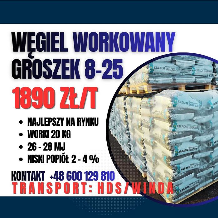 Węgiel workowany Groszek 8-25 | 26-28 MJ | 20 kg | Winda | HDS