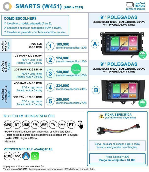 (JUNHO) Rádio SMART 451 e 453 | GPS Android 15 BT USB APPS WIFI