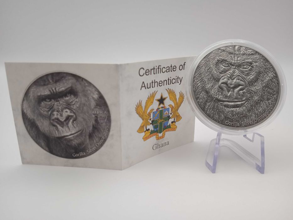 Монета Горила 2015 Гана 5 седі / 1 унція срібло Ag 999 Antique Finish
