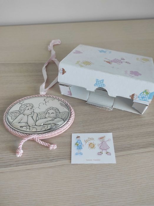 Medalha de berço com anjos da guarda em laminado de prata NOVA