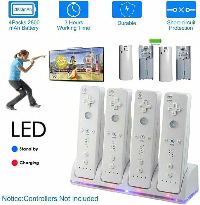 Зарядна станція 4 в 1 для контролерів Wii та Wii U з 4 акумуляторами 2800 мАг біла