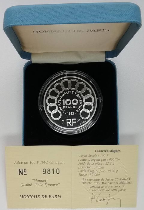 Франція 100 франків 1992р. Жан Монне (15 ЕКЮ). СРІБЛО. Пруф.