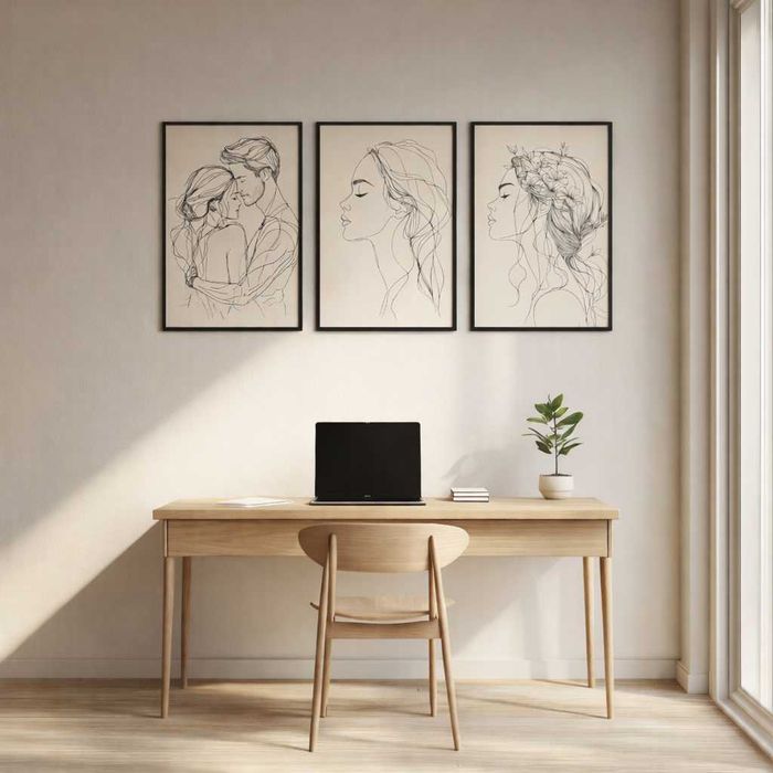 Zestaw 3 Plakatów w Ramie 30x40 Line Art Kobieta Obrazy Sypialnia