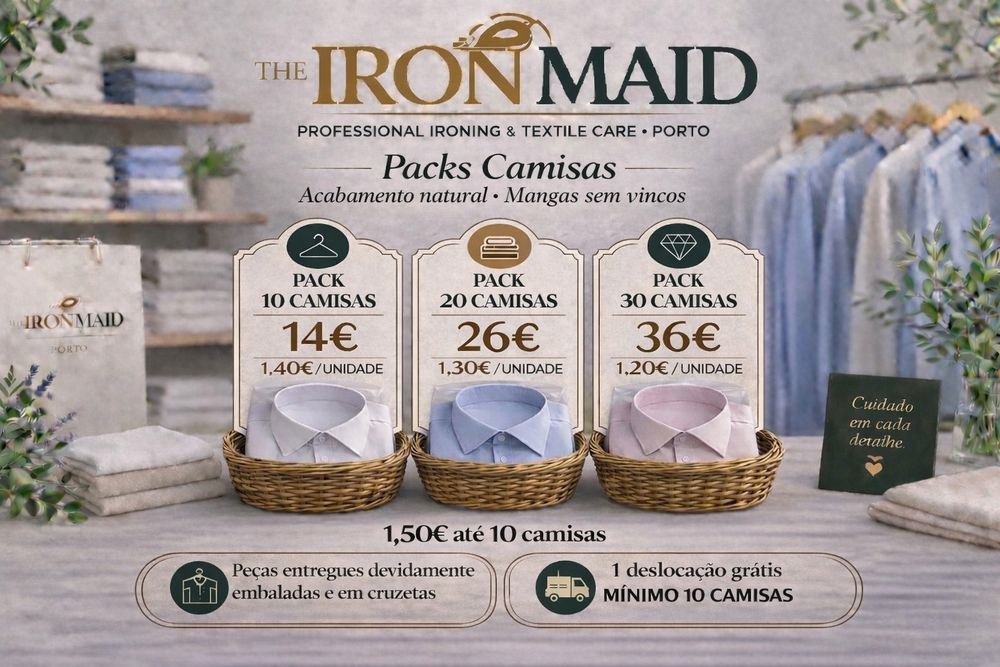 Passar a ferro/Engomar - Desde 3,00€/kg - Packs camisas desde 1,20€ - Recolha/Entrega gratuita