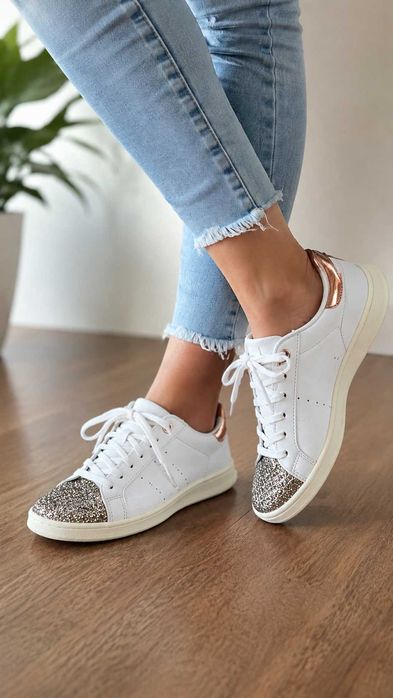 Białe sznurowane buty, sneakersy, tenisówki z brokatowym noskiem