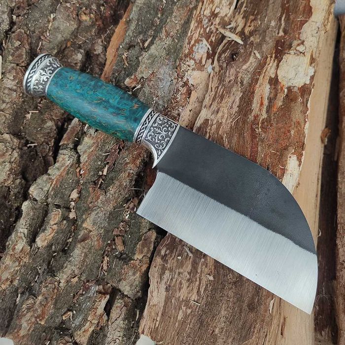 Кухонный нож "Серб", серебро, N690, карельская береза