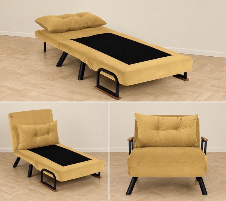 Fotel rozkładany EVILA | sofa 2w1 | funkcja spania | musztardowy | design loft