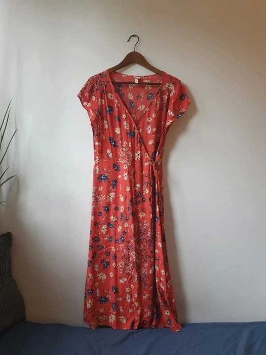 Sukienka kopertowa w kwiaty Czerwona sukienka midi BOHO _ rozmiar 40