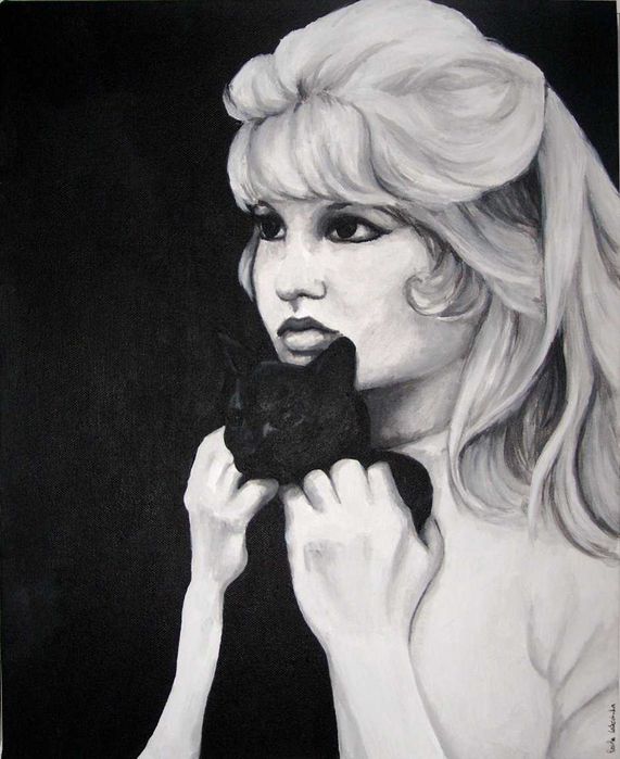 Menina e Gato - Retrato pintado à mão original