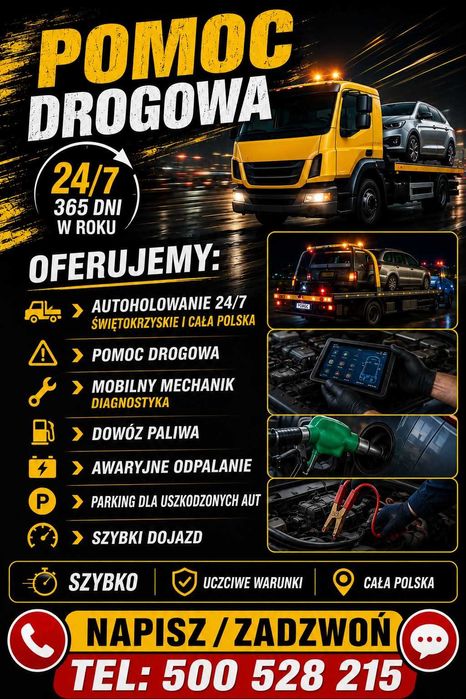 Pomoc Drogowa 24/7 Autoholowanie_Transport Aut_Mobilny Mechanik_Świetokrzyskie Cała Polska