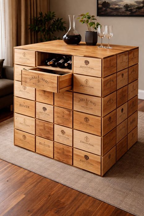 Móvel de madeira ( feito com caixas/tampas de vinho)