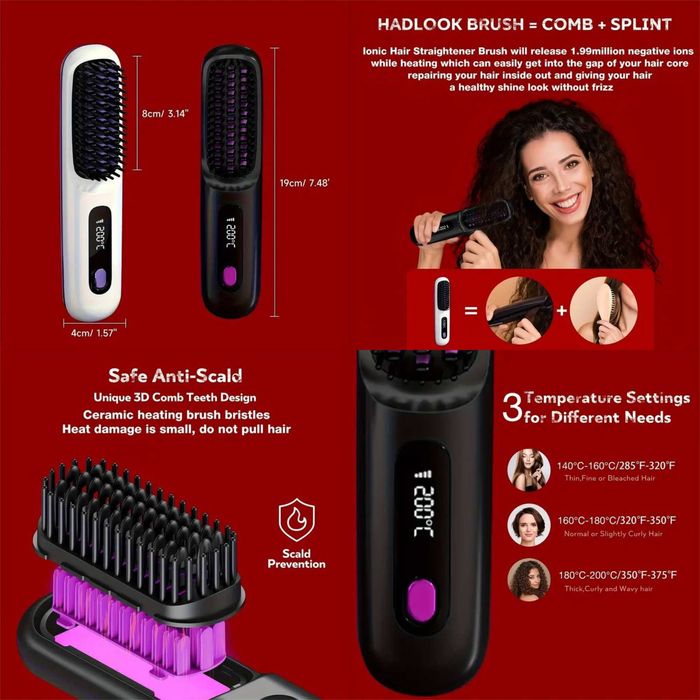 Escova alisadora cabelo. Portátil. USB. 3 níveis temperatura. Novo.