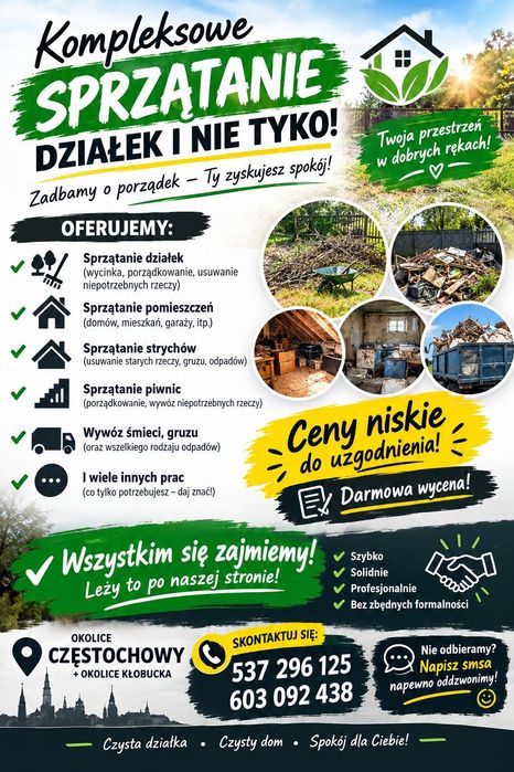 Kompleksowe sprzątanie działek, mieszkań, domów, posesji przeprowadzki I wiele innych | Częstochowa + Kłobuck