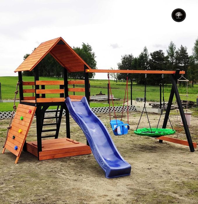 Drewniany plac zabaw komplet, domek dziecięcy, wspinaczka, montaż