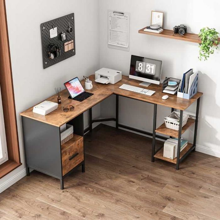 NOWE Biurko Gamingowe Narożne Komputerowe Loft Industrialne Rustykalne 150 cm Duże Do Pracy Nauki Gaming MDF Metal Vintage Brąz