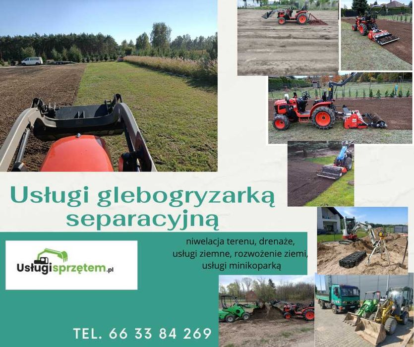 Usługi minikoparką, ładowarką, wywrotką, separacyjna, niwelacja, kosiarka bijakowa drenaż nawodnienia przygotowanie terenu pod trawnik skarpowanie