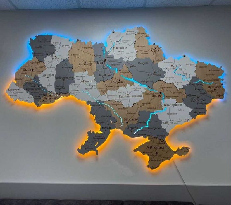 Дерев'яна карта України мапа з річками реками і підсвіткою подсветкой