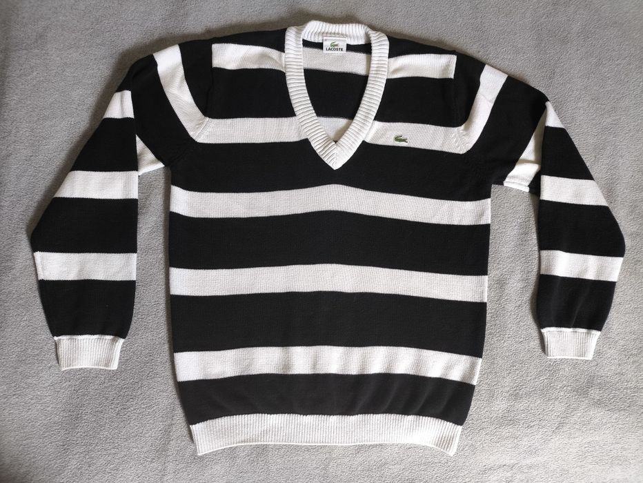 Lacoste Striped Sweater L Black White Old Money Vintage Preppy Knit Un