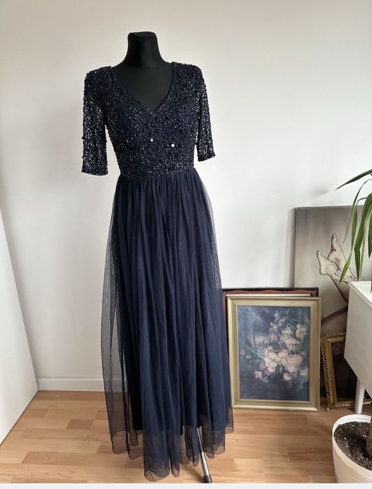 Granatowa cekinowa tiulowa sukienka maxi krotki rekaw 44 xxl