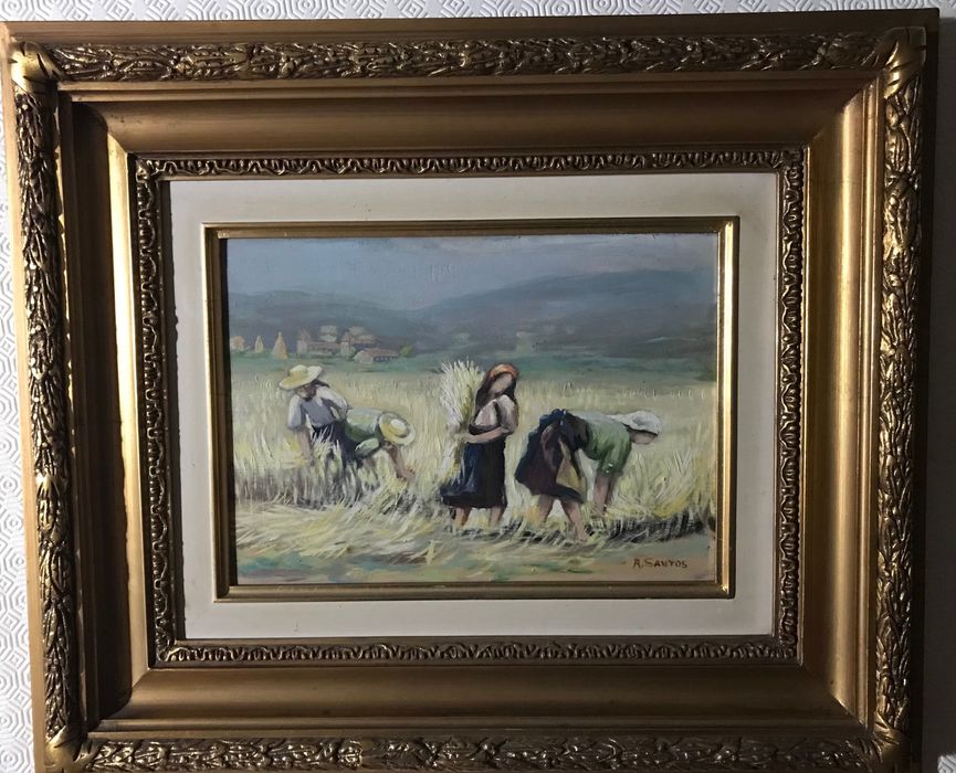 Ceifeiras pintura em tela de Alfredo Santos com moldura talha dourada