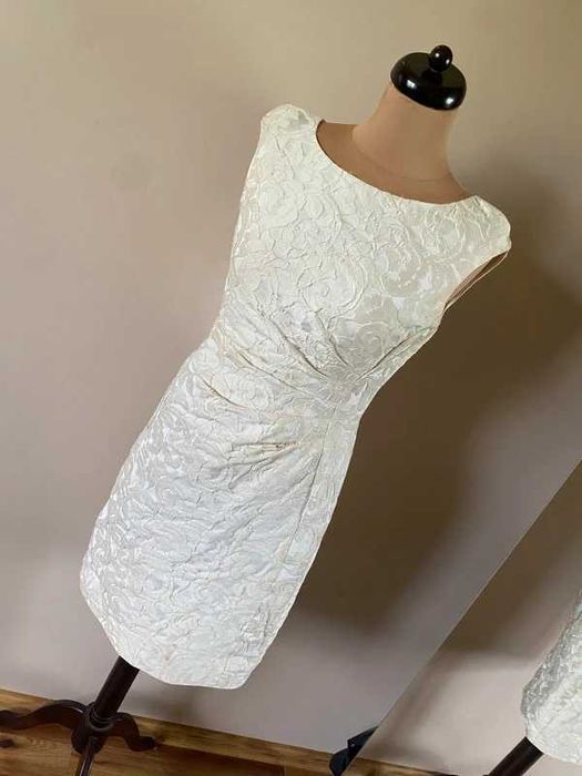 Ralph lauren sukienka midi krem xs s 34 36 pastele wzor tloczony