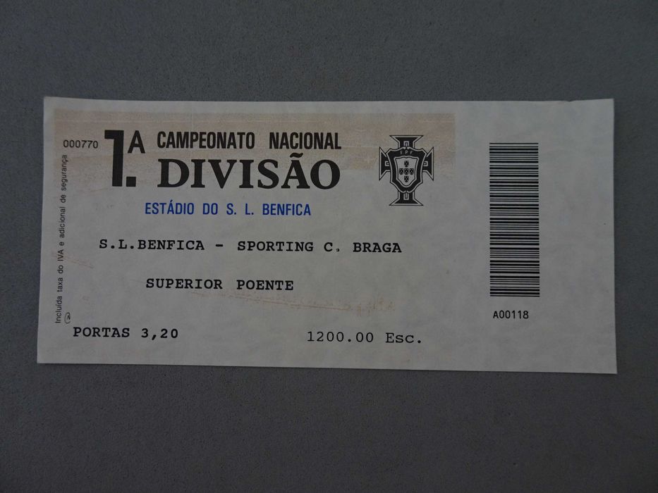 Bilhete de futebol Benfica - Sporting de Braga - 1ª divisão campeonato nacional