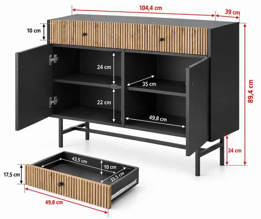 Komoda czarna dąb 104 cm DIVA 2D2SZ - wyprzedaż