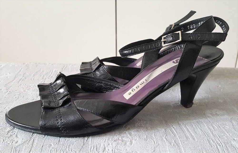 Buty skórzane image, czarne sandałki na obcasie, rozmiar 36-37
