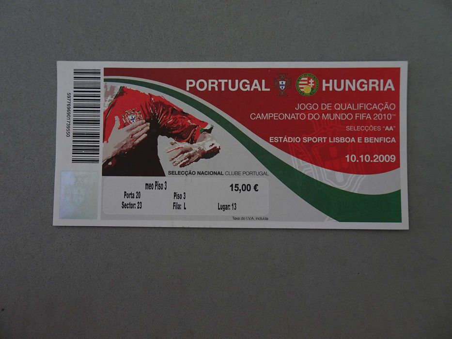 Bilhete de futebol Portugal Hungria Jogo de qualificação Campeonato do Mundo Fifa 2010 - 10 outubro 2009 nº 13