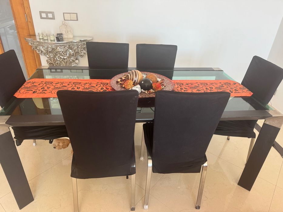 Mesa de jantar de luxo em vidro + 6 cadeiras