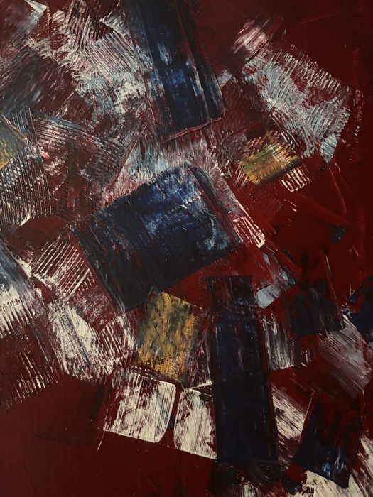 Quadro abstrato tons bordeaux, azul e branco