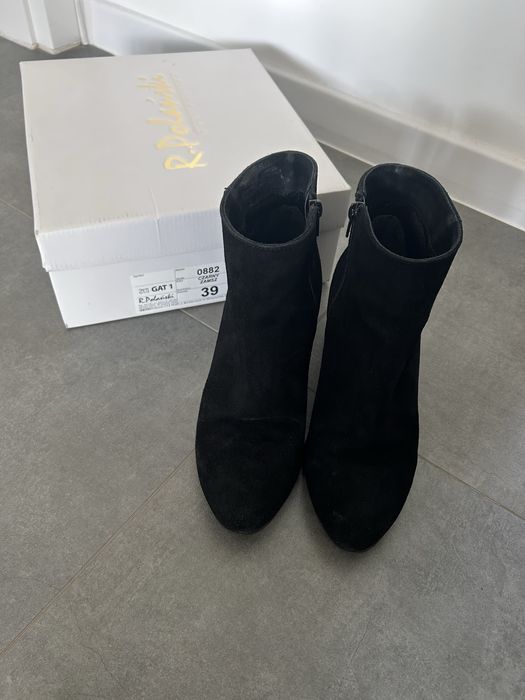 Botki Kozaki R. Polański 39 Skórzane Zamsz Skóra Czarne Obcas Słupek